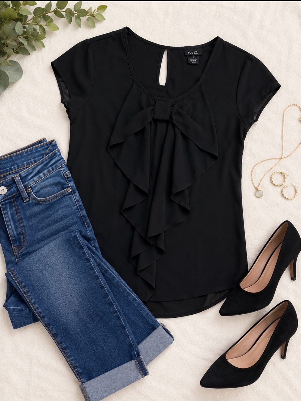 Rue 21 Black Ruffle Front Blouse Flowy Keyhole Top Size S